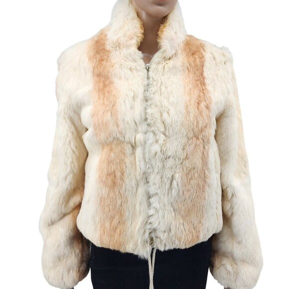Vintage Elan Rabbit Fur Jacket Beige & Camel Striped Pattern Warm Soft Small S - Picture 2 of 15